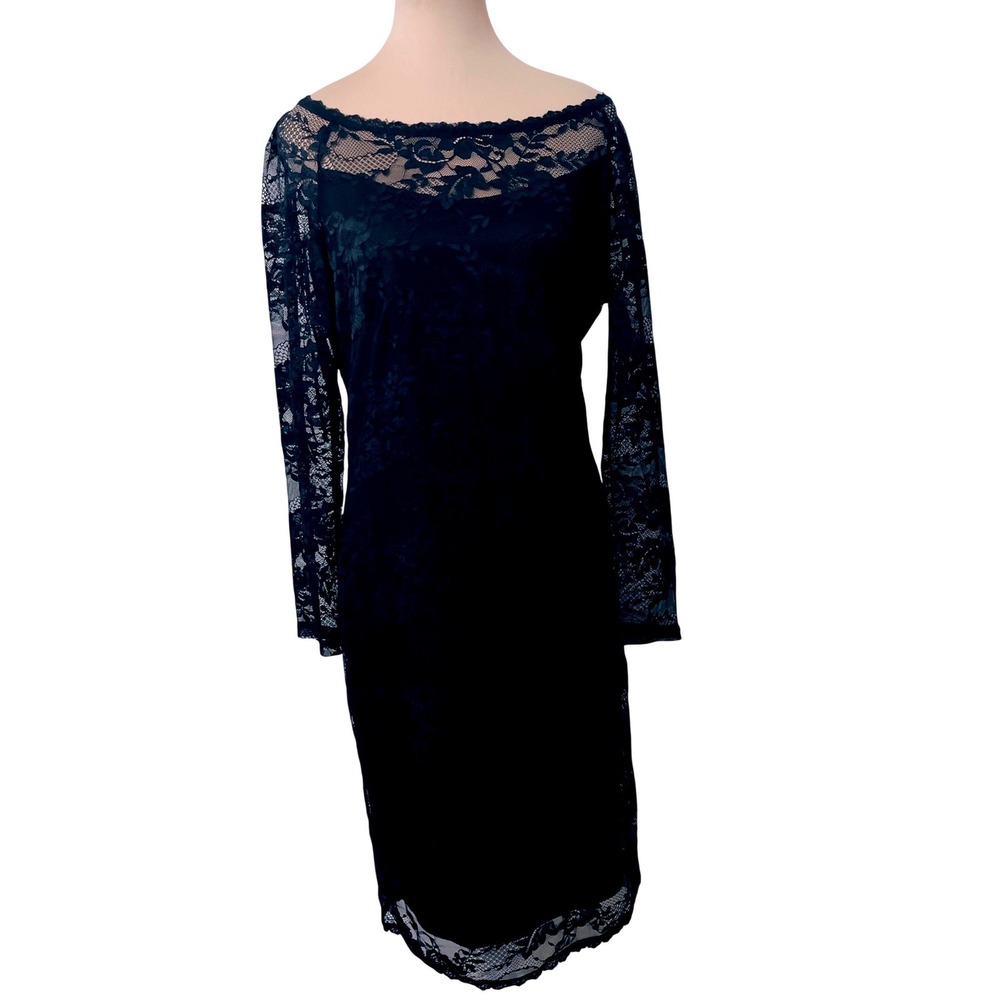 Miusol Womens Floral Lace Sheath Dress XL Black Long Sleeve Boat Neck Elegant‎